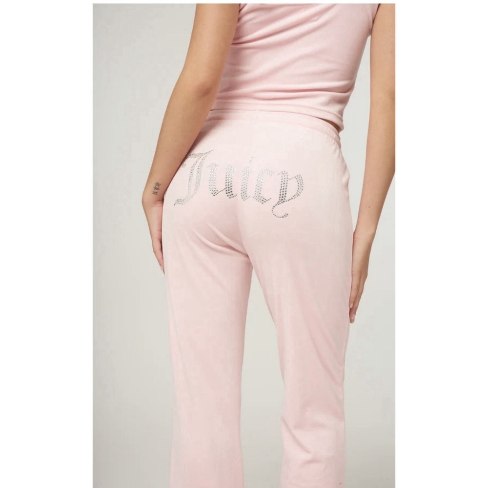 Juicy Couture Velour Track Pants Rhinestone Bling Ribbed Waist Baby Pink SZ L